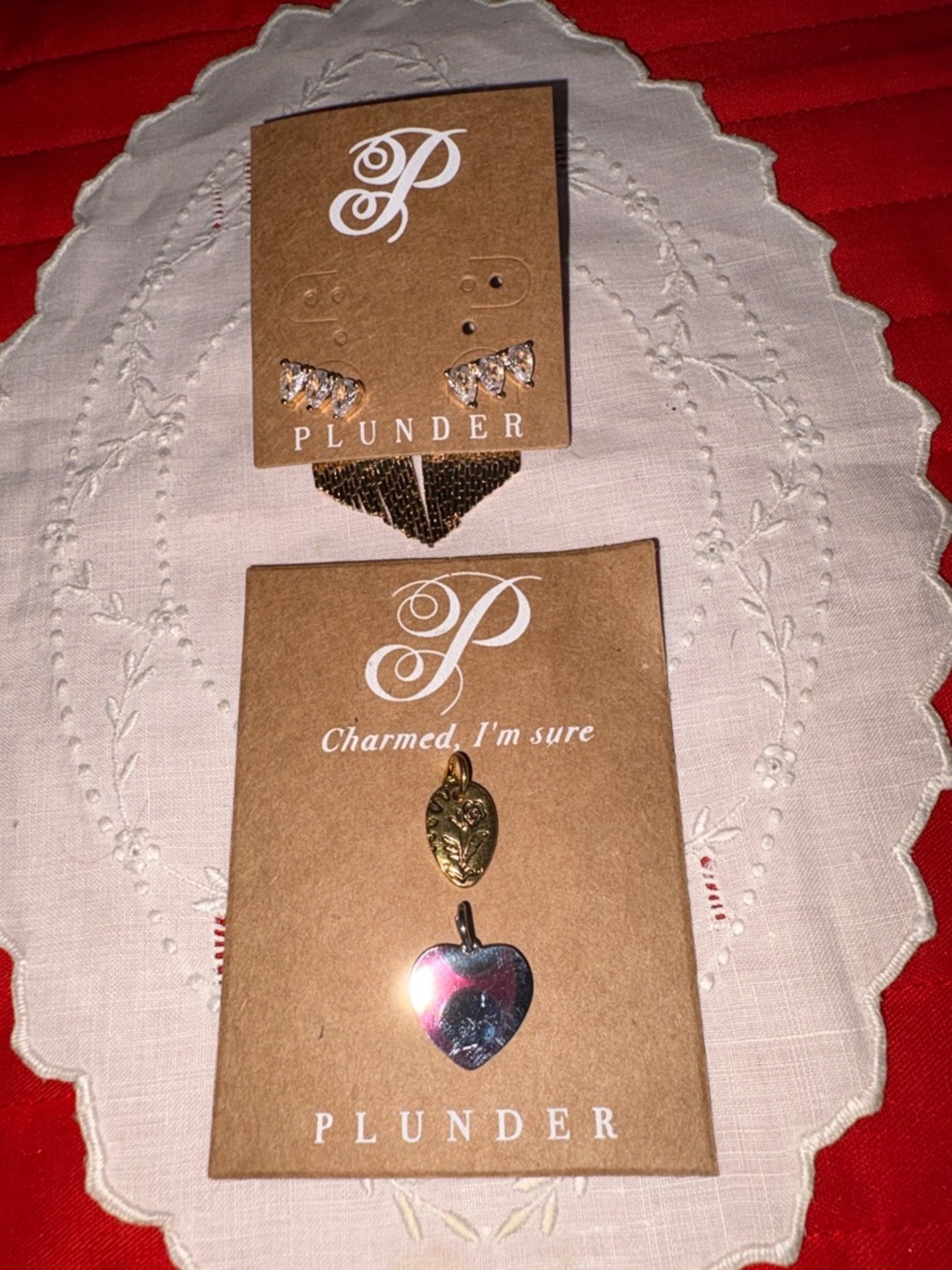 Plunder glitzy rhinestone earrings w/fringe , 1 st heart charm, 1 gt w/rose $29